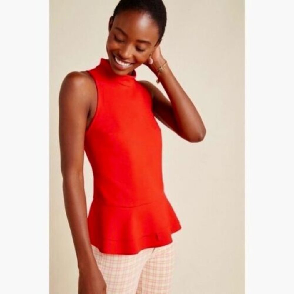 Anthropologie Cressida Red Ponte Scuba Knit Peplum Sleeveless Mock Neck Top S
